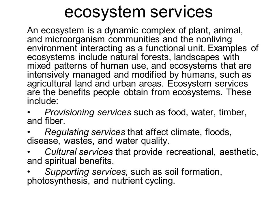 ecosystem services An ecosystem is a dynamic complex of plant, animal, and microorganism communities and the nonliving environment interacting as a functional unit.