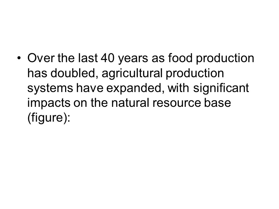 Over the last 40 years as food production has doubled, agricultural production systems have expanded, with significant impacts on the natural resource base (figure):