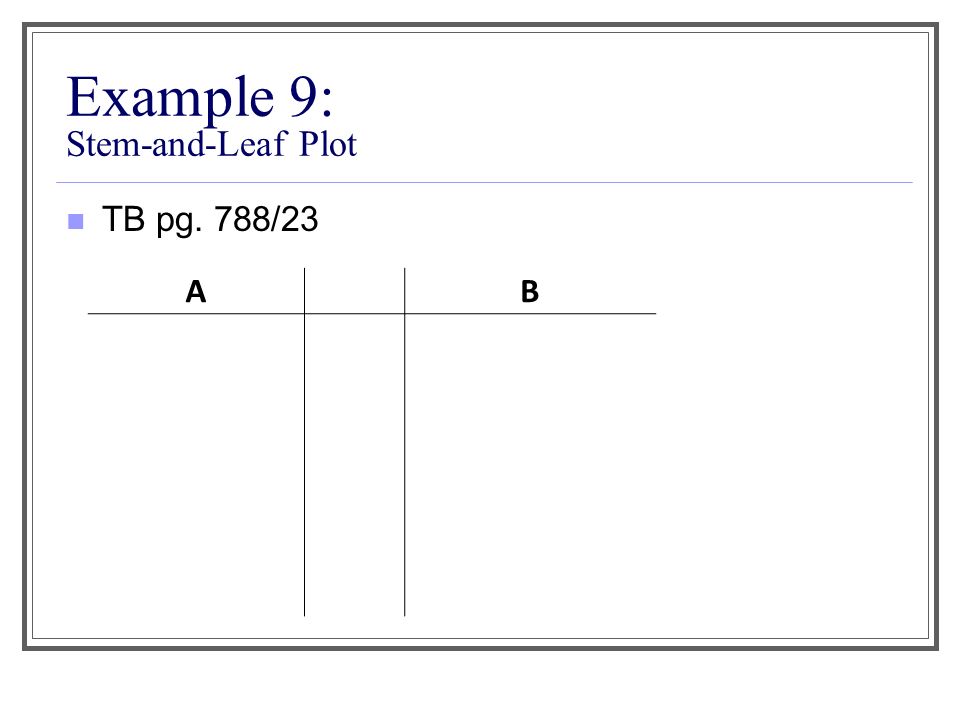 Example 9: Stem-and-Leaf Plot TB pg. 788/23 AB