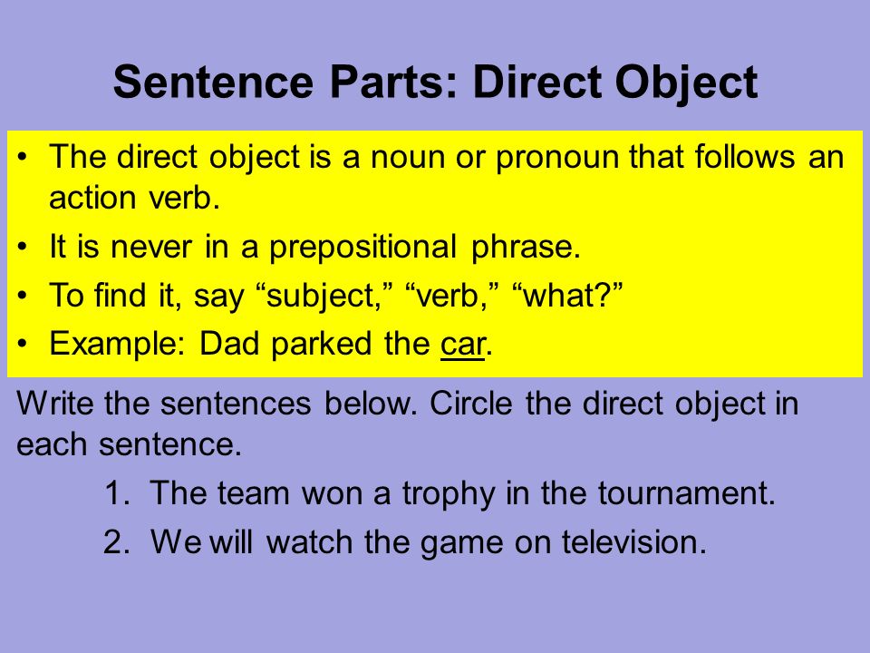 Sentence Parts: Direct Object The direct object is a noun or pronoun that follows an action verb.