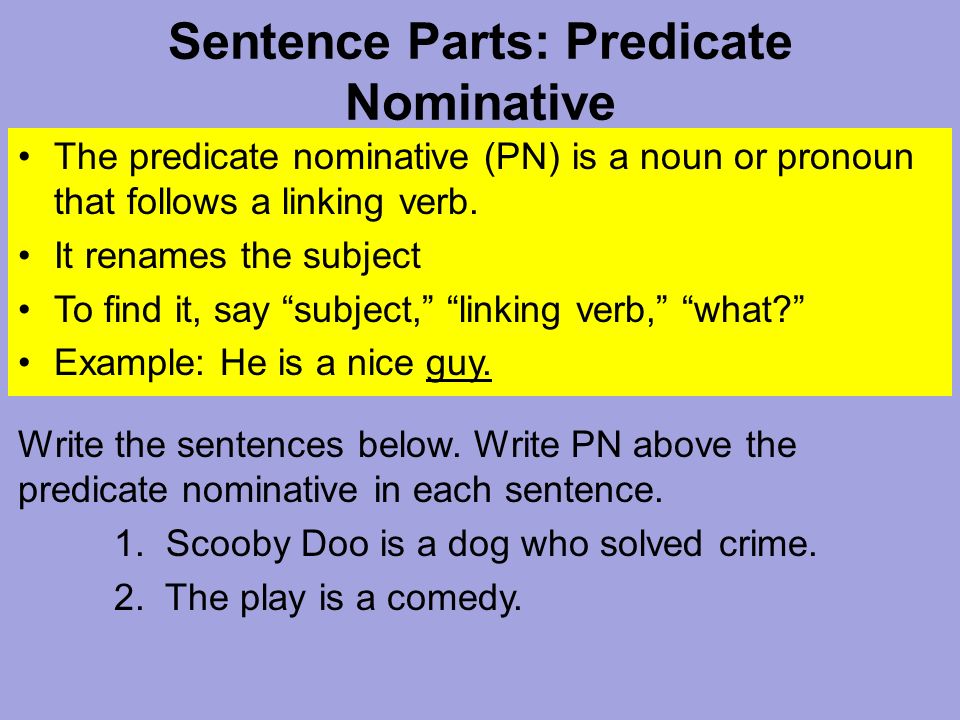 Sentence Parts: Predicate Nominative The predicate nominative (PN) is a noun or pronoun that follows a linking verb.