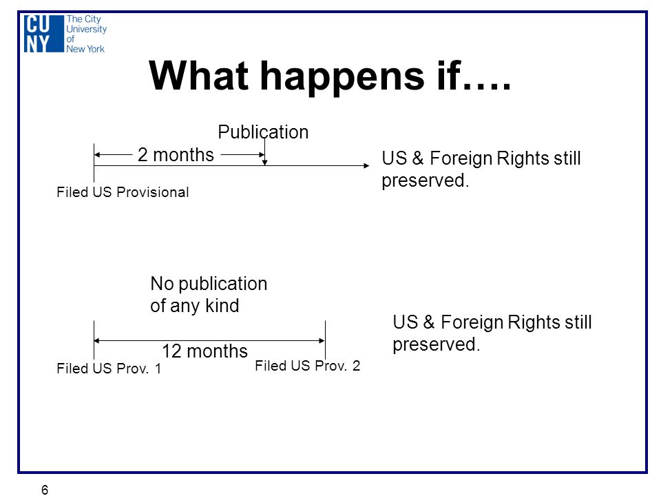 6 What happens if…. Filed US Provisional 2 months Publication US & Foreign Rights still preserved.