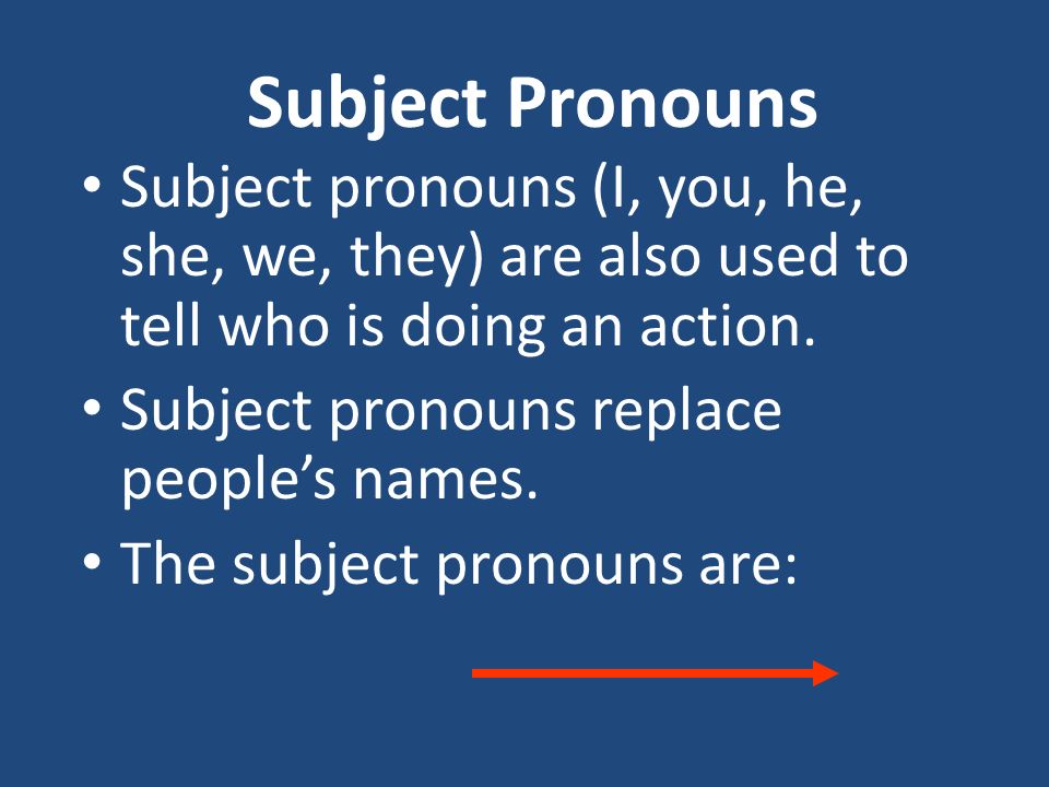 Subject Pronouns The subject of a sentence tells who is doing the action.