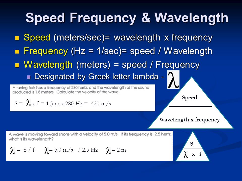 Speed (meters/sec)= wavelength x frequency Speed (meters/sec)= wavelength x frequency Frequency (Hz = 1/sec)= speed / Wavelength Frequency (Hz = 1/sec)= speed / Wavelength Wavelength (meters) = speed / Frequency Wavelength (meters) = speed / Frequency Designated by Greek letter lambda - Designated by Greek letter lambda - Speed Frequency & Wavelength Speed Wavelength x frequency S x f S = x f = 1.5 m x 280 Hz = 420 m/s = S / f = 5.0 m/s / 2.5 Hz = 2 m