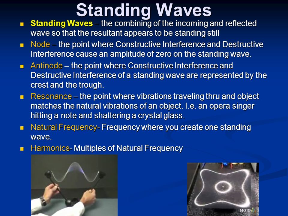 Standing Waves Standing Waves – the combining of the incoming and reflected wave so that the resultant appears to be standing still Standing Waves – the combining of the incoming and reflected wave so that the resultant appears to be standing still Node – the point where Constructive Interference and Destructive Interference cause an amplitude of zero on the standing wave.