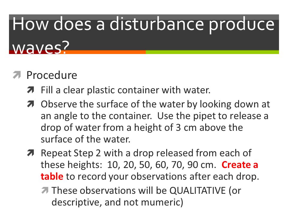 How does a disturbance produce waves.  Procedure  Fill a clear plastic container with water.