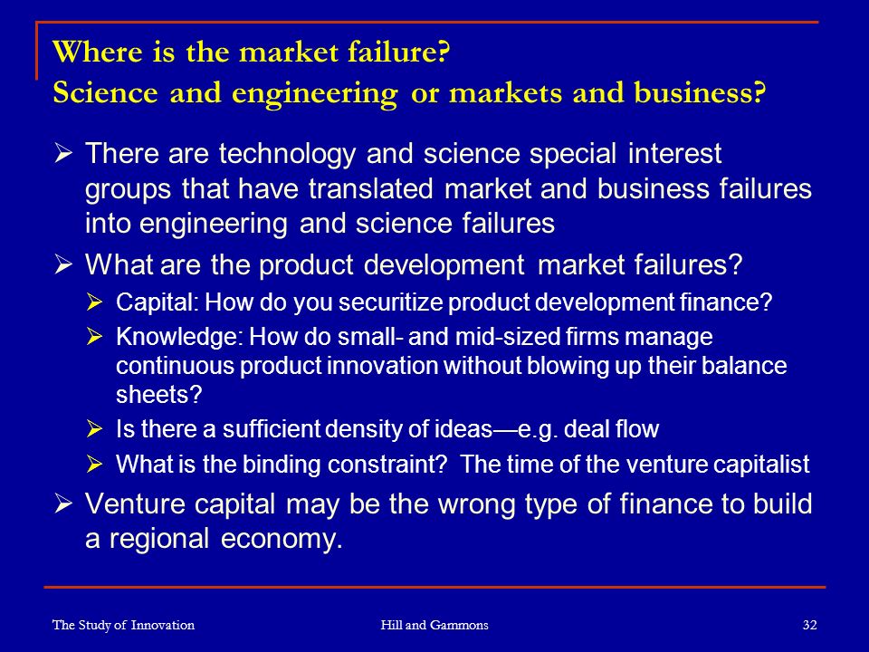 The Study of Innovation Hill and Gammons 32 Where is the market failure.