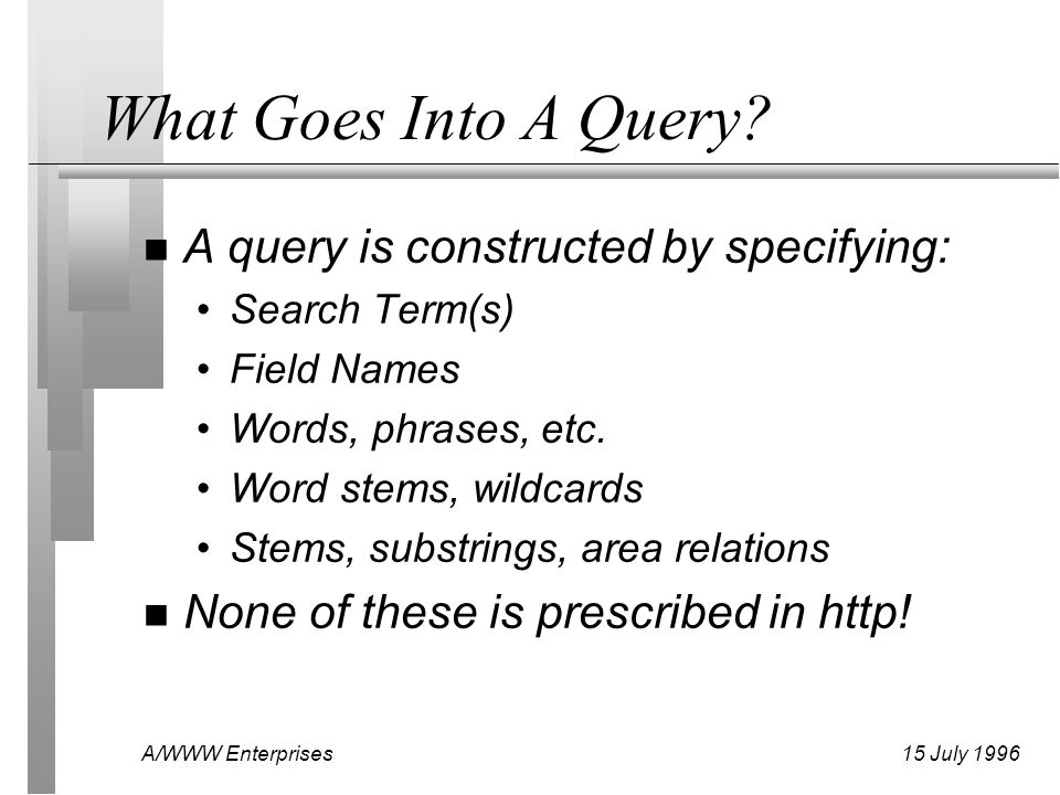 A/WWW Enterprises15 July 1996 What Goes Into A Query.