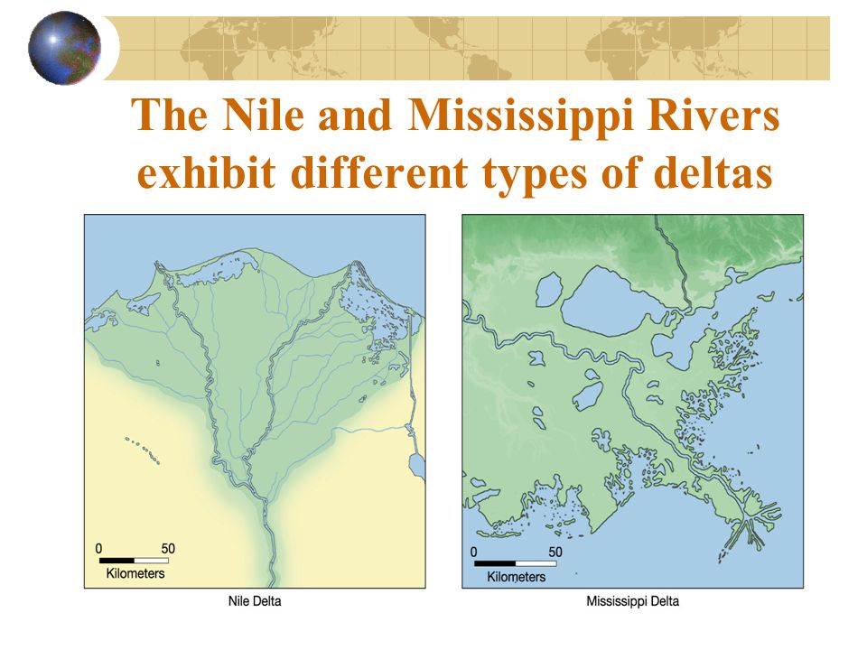 The Nile and Mississippi Rivers exhibit different types of deltas