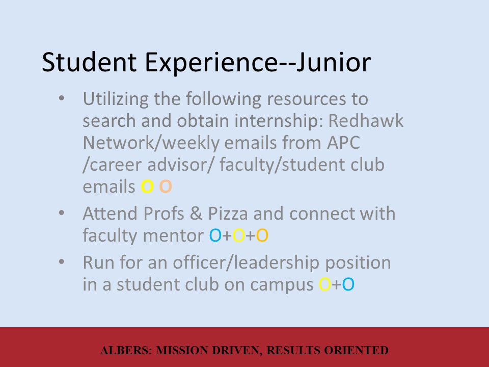 Student Experience--Junior Utilizing the following resources to search and obtain internship: Redhawk Network/weekly  s from APC /career advisor/ faculty/student club  s O O Attend Profs & Pizza and connect with faculty mentor O+O+O Run for an officer/leadership position in a student club on campus O+O ALBERS: MISSION DRIVEN, RESULTS ORIENTED