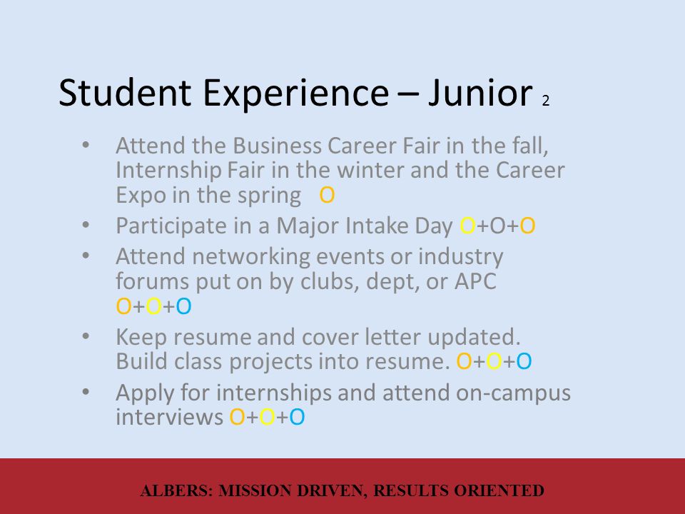 Student Experience – Junior 2 Attend the Business Career Fair in the fall, Internship Fair in the winter and the Career Expo in the spring O Participate in a Major Intake Day O+O+O Attend networking events or industry forums put on by clubs, dept, or APC O+O+O Keep resume and cover letter updated.