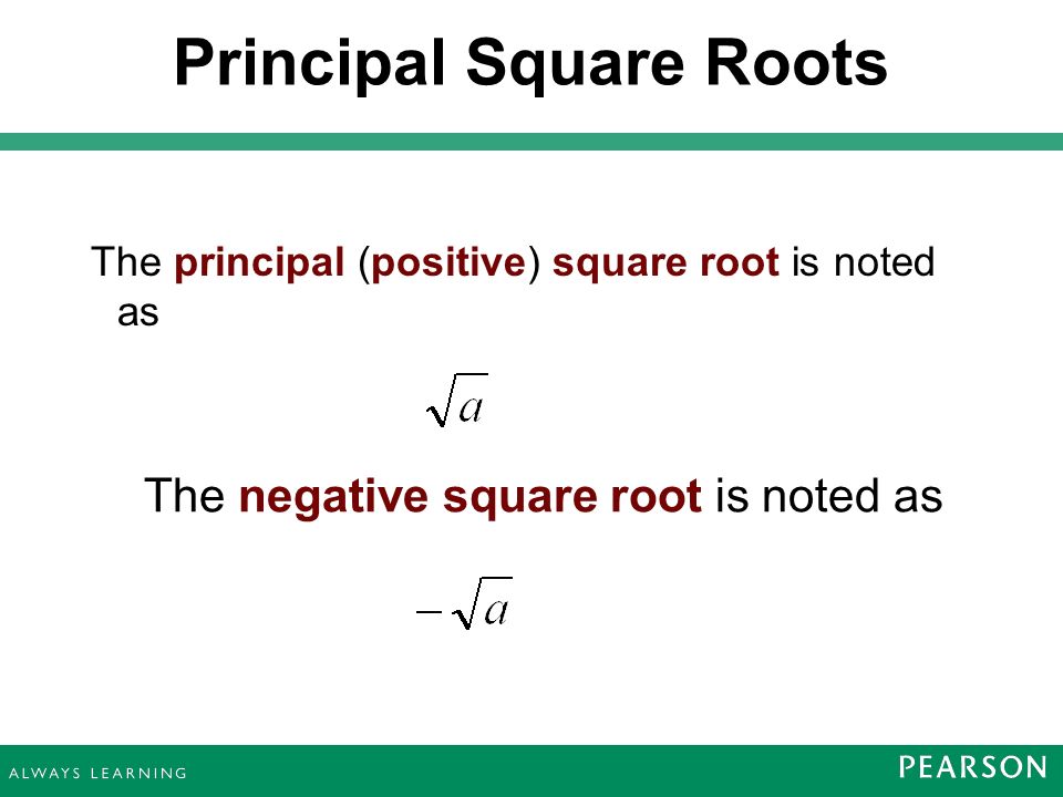 The principal (positive) square root is noted as The negative square root is noted as Principal Square Roots