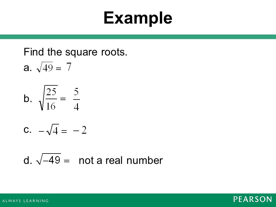 Find the square roots. a. b. c. d. not a real number Example