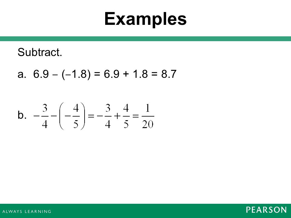 Subtract. a. 6.9 ‒ ( ‒ 1.8) = = 8.7 b. Examples