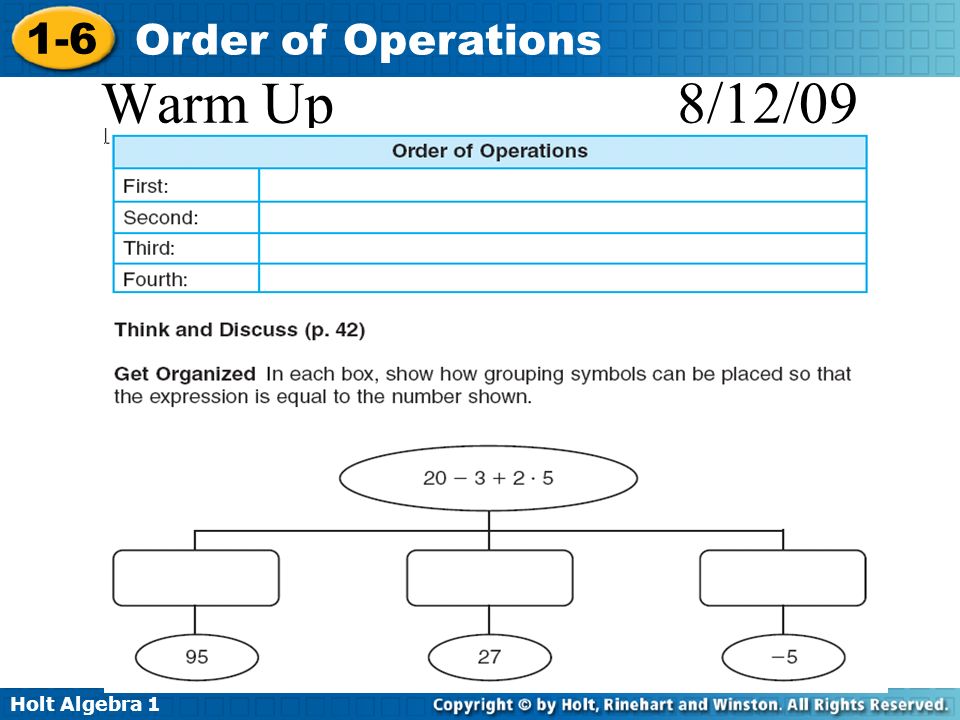 Holt Algebra Order of Operations Warm Up 8/12/09