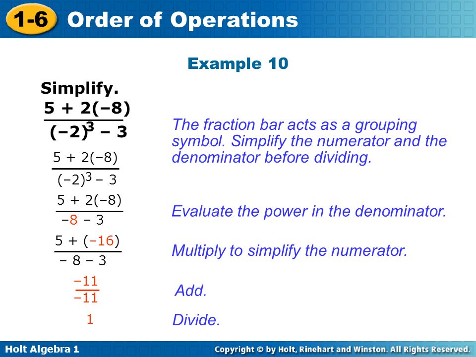 Holt Algebra Order of Operations Example 10 Simplify.