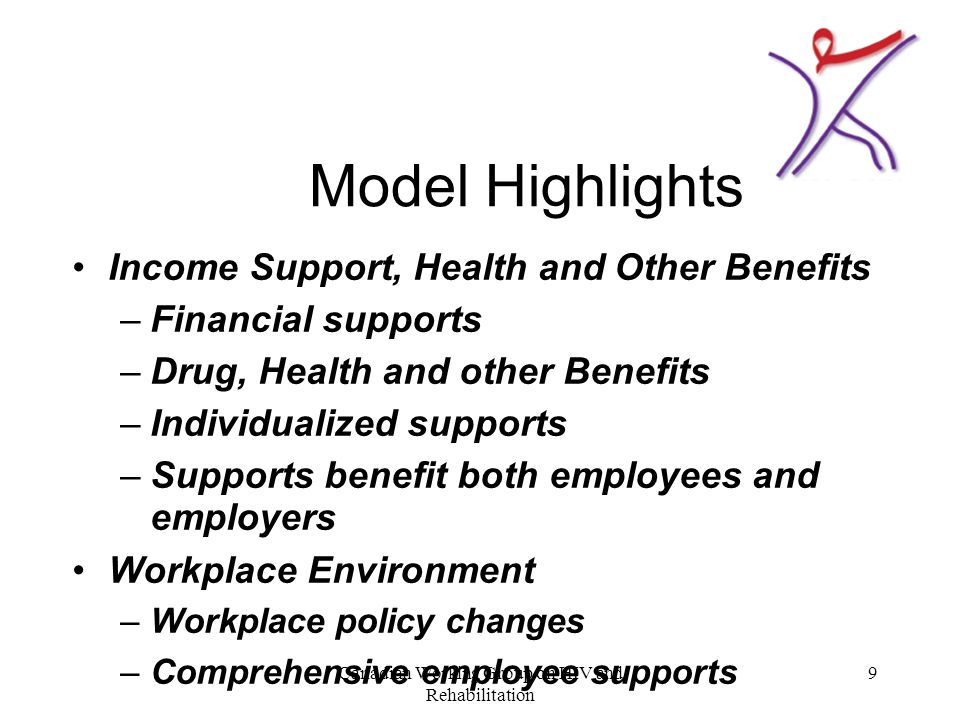 Canadian Working Group on HIV and Rehabilitation 9 Model Highlights Income Support, Health and Other Benefits –Financial supports –Drug, Health and other Benefits –Individualized supports –Supports benefit both employees and employers Workplace Environment –Workplace policy changes –Comprehensive employee supports