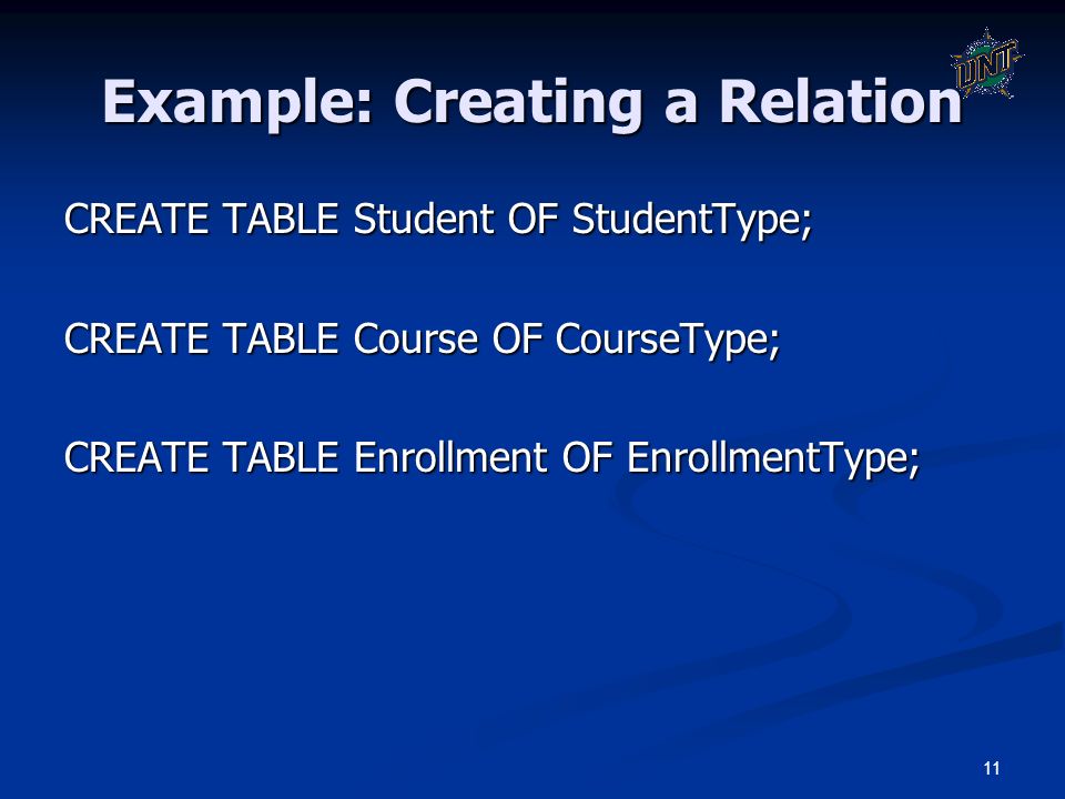 11 Example: Creating a Relation CREATE TABLE Student OF StudentType; CREATE TABLE Course OF CourseType; CREATE TABLE Enrollment OF EnrollmentType;