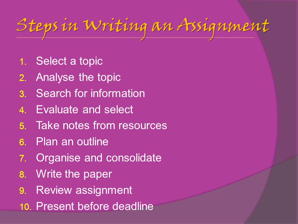 Learning Outcomes Present Your Written Assignment Effectively Steps In Writing An Assignment Select A Topic