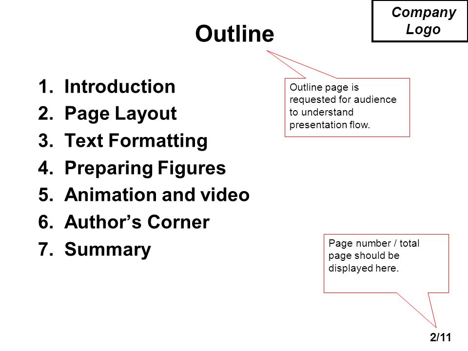 2/11 Company Logo Outline 1.Introduction 2.Page Layout 3.Text Formatting 4.Preparing Figures 5.Animation and video 6.Author’s Corner 7.Summary Outline page is requested for audience to understand presentation flow.