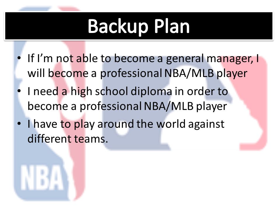 If I’m not able to become a general manager, I will become a professional NBA/MLB player I need a high school diploma in order to become a professional NBA/MLB player I have to play around the world against different teams.