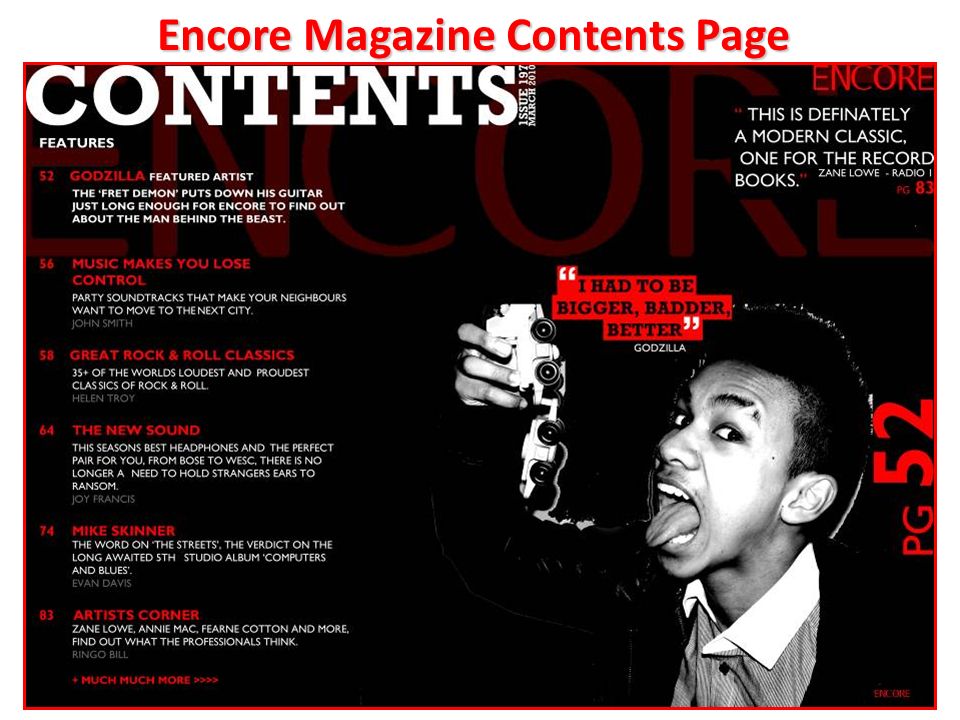 Encore Magazine Contents Page