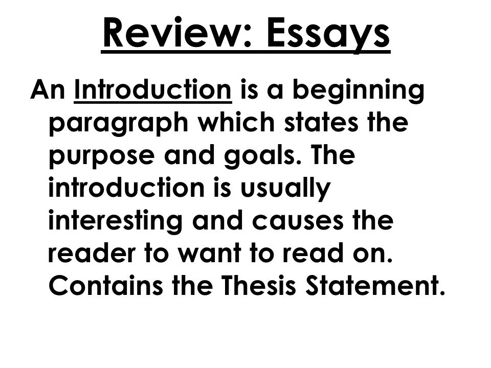 Review: Essays An Introduction is a beginning paragraph which states the purpose and goals.