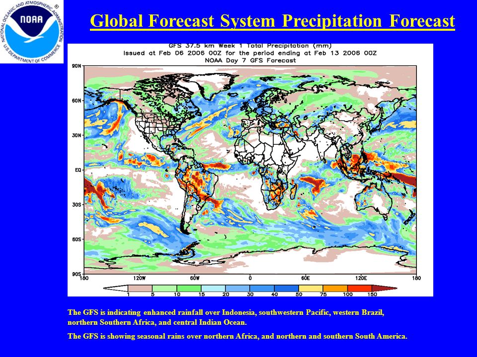 Global Forecast System Precipitation Forecast The GFS is indicating enhanced rainfall over Indonesia, southwestern Pacific, western Brazil, northern Southern Africa, and central Indian Ocean.
