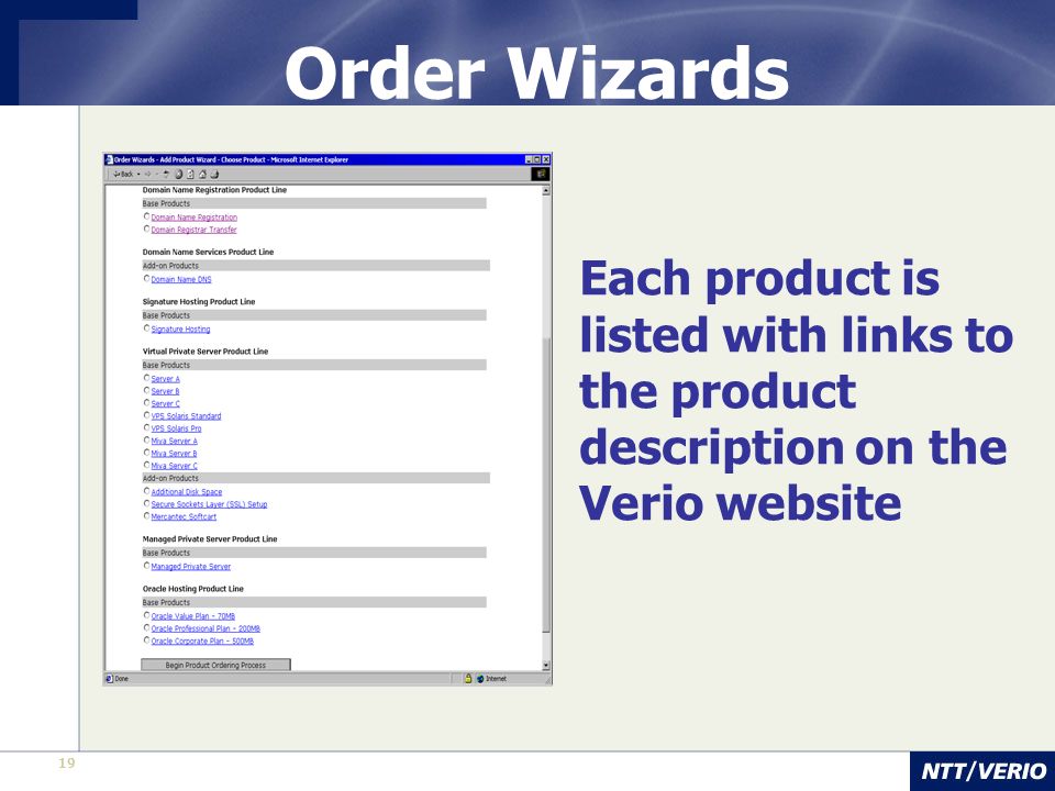 19 Order Wizards Each product is listed with links to the product description on the Verio website