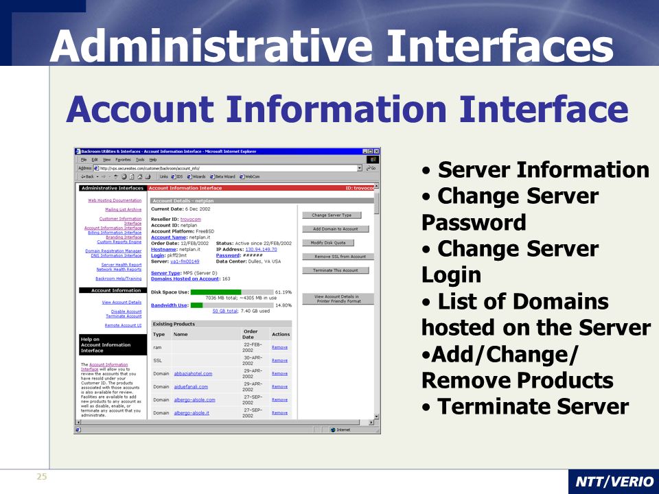 25 Administrative Interfaces Account Information Interface Server Information Change Server Password Change Server Login List of Domains hosted on the Server Add/Change/ Remove Products Terminate Server