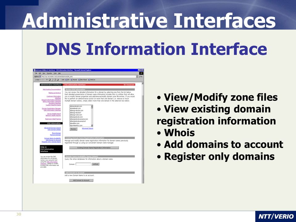 30 Administrative Interfaces DNS Information Interface View/Modify zone files View existing domain registration information Whois Add domains to account Register only domains