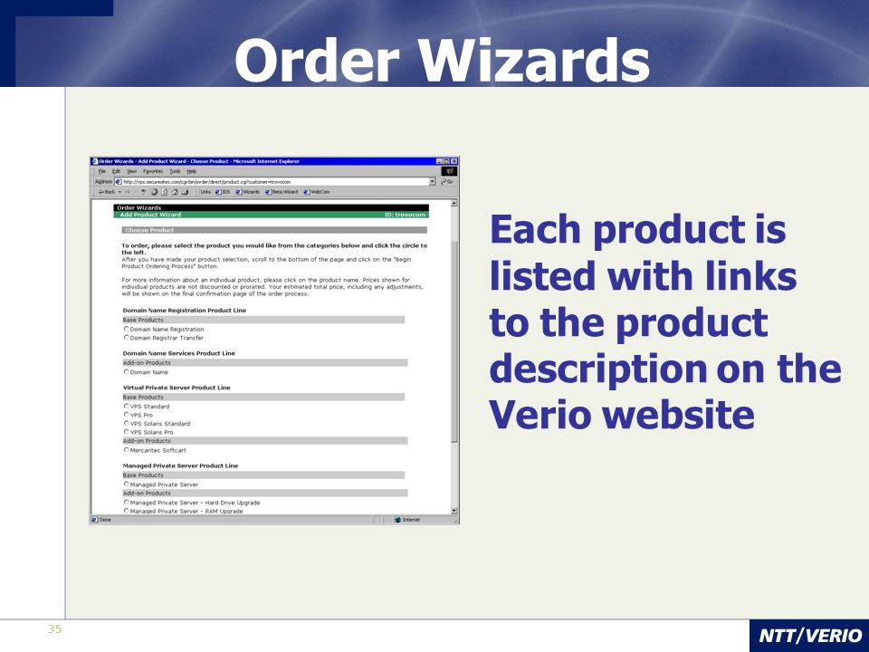 35 Order Wizards Each product is listed with links to the product description on the Verio website