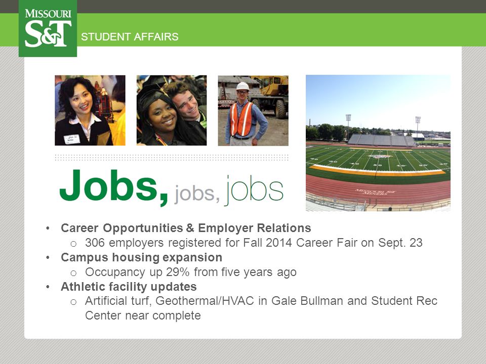 STUDENT AFFAIRS Career Opportunities & Employer Relations o 306 employers registered for Fall 2014 Career Fair on Sept.