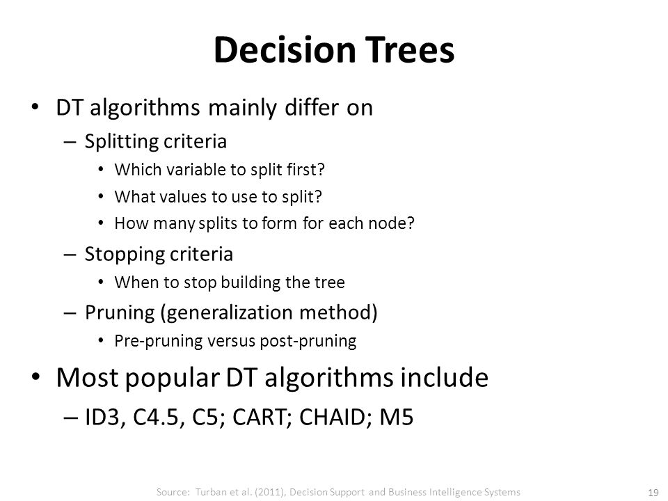 Decision Trees DT algorithms mainly differ on – Splitting criteria Which variable to split first.