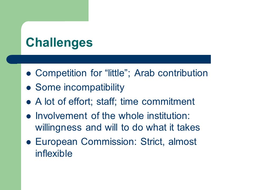 Challenges Competition for little ; Arab contribution Some incompatibility A lot of effort; staff; time commitment Involvement of the whole institution: willingness and will to do what it takes European Commission: Strict, almost inflexible