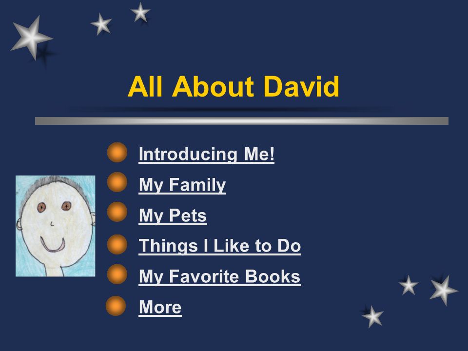 All About David Introducing Me! My Family My Pets Things I Like to Do My Favorite Books More