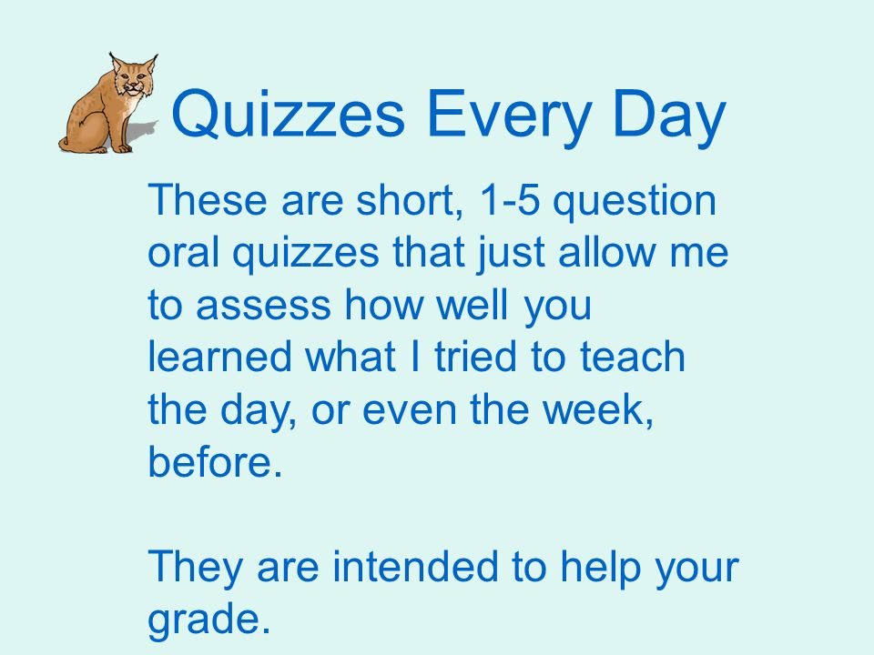 Quizzes Every Day These are short, 1-5 question oral quizzes that just allow me to assess how well you learned what I tried to teach the day, or even the week, before.