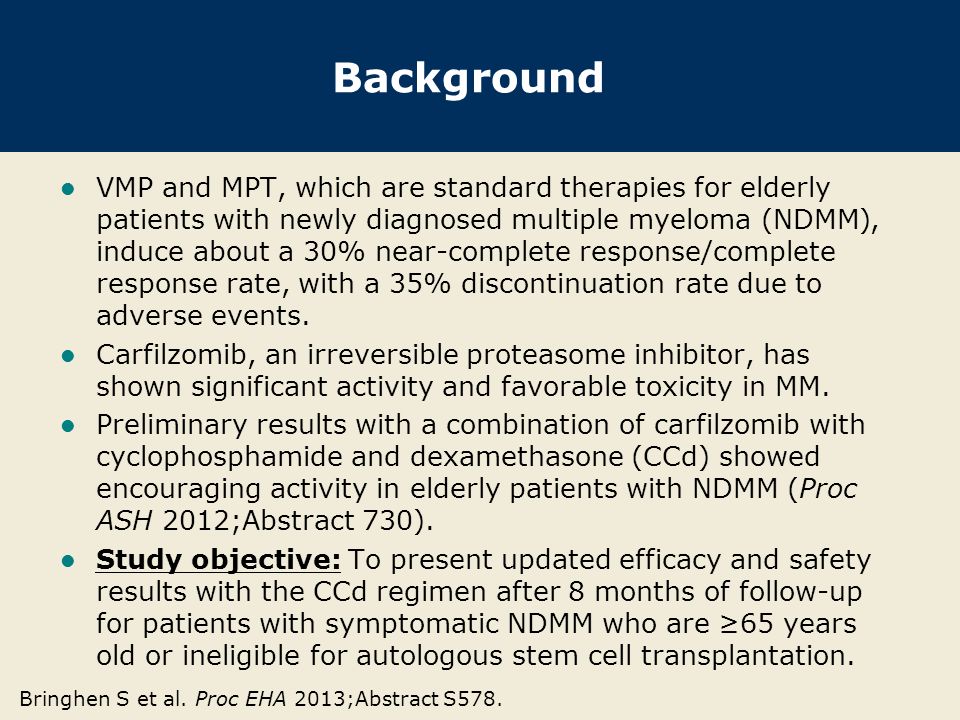 Background VMP and MPT, which are standard therapies for elderly patients with newly diagnosed multiple myeloma (NDMM), induce about a 30% near-complete response/complete response rate, with a 35% discontinuation rate due to adverse events.