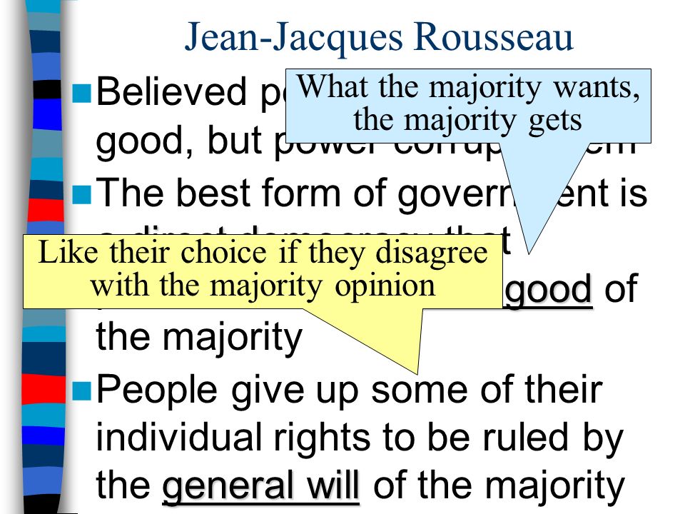 Jean-Jacques Rousseau Believed people are naturally good, but power corrupts them direct democracy common good The best form of government is a direct democracy that promotes the common good of the majority general will People give up some of their individual rights to be ruled by the general will of the majority What the majority wants, the majority gets Like their choice if they disagree with the majority opinion