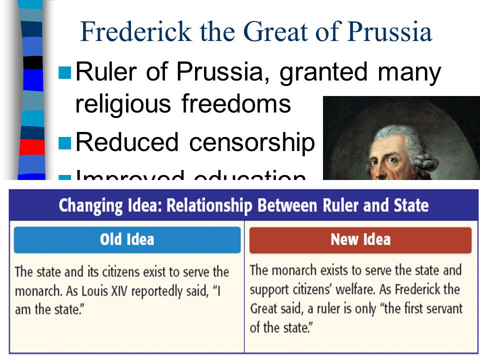 Frederick the Great of Prussia Ruler of Prussia, granted many religious freedoms Reduced censorship Improved education & justice system Abolished torture Thought he was the 1 st servant of the state