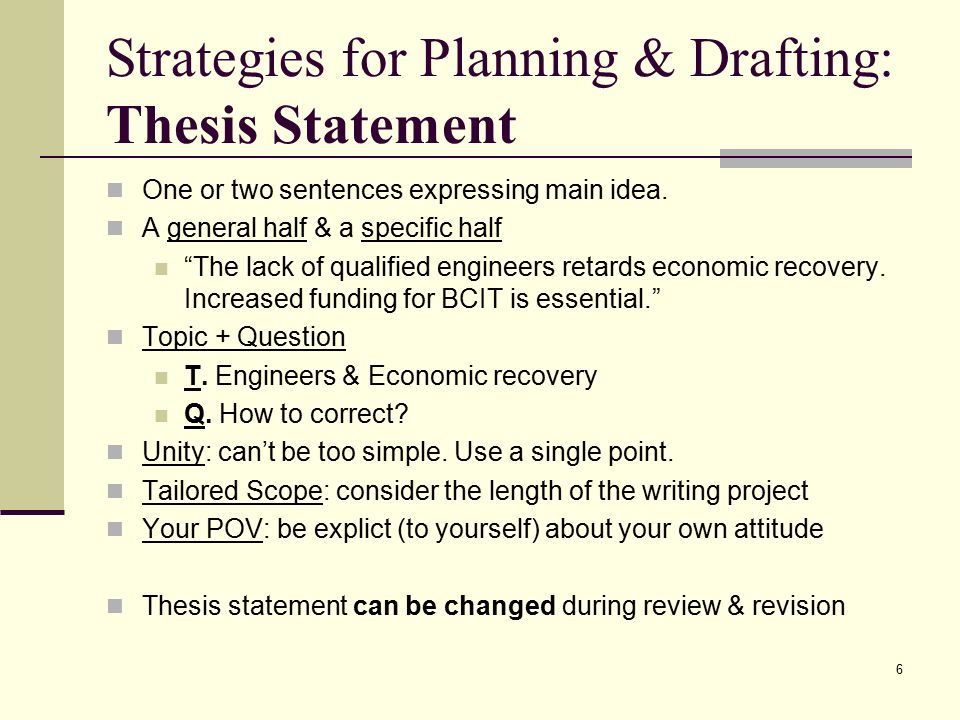 Strategies for Planning & Drafting: Thesis Statement One or two sentences expressing main idea.