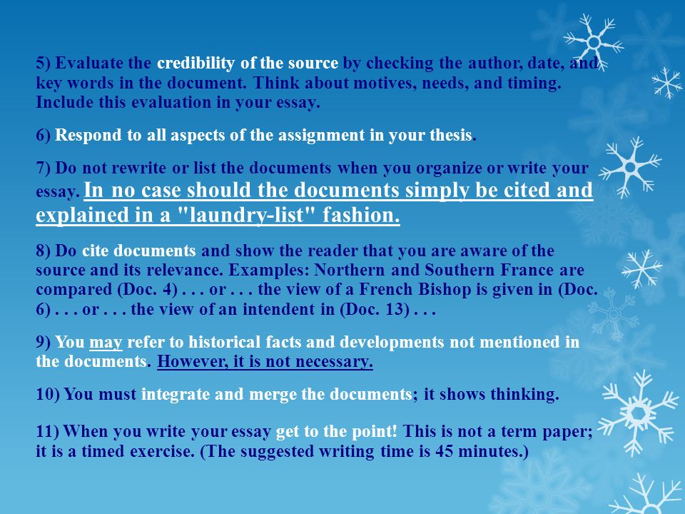 5) Evaluate the credibility of the source by checking the author, date, and key words in the document.