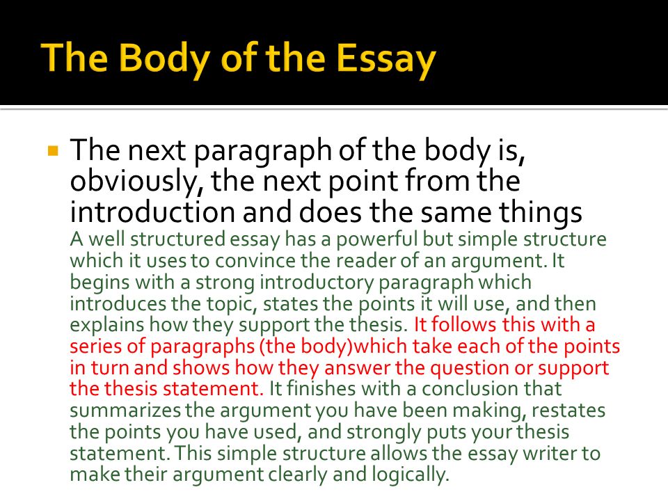  The next paragraph of the body is, obviously, the next point from the introduction and does the same things A well structured essay has a powerful but simple structure which it uses to convince the reader of an argument.