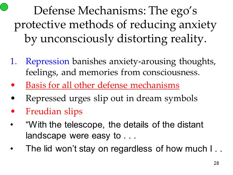 28 Defense Mechanisms: The ego’s protective methods of reducing anxiety by unconsciously distorting reality.