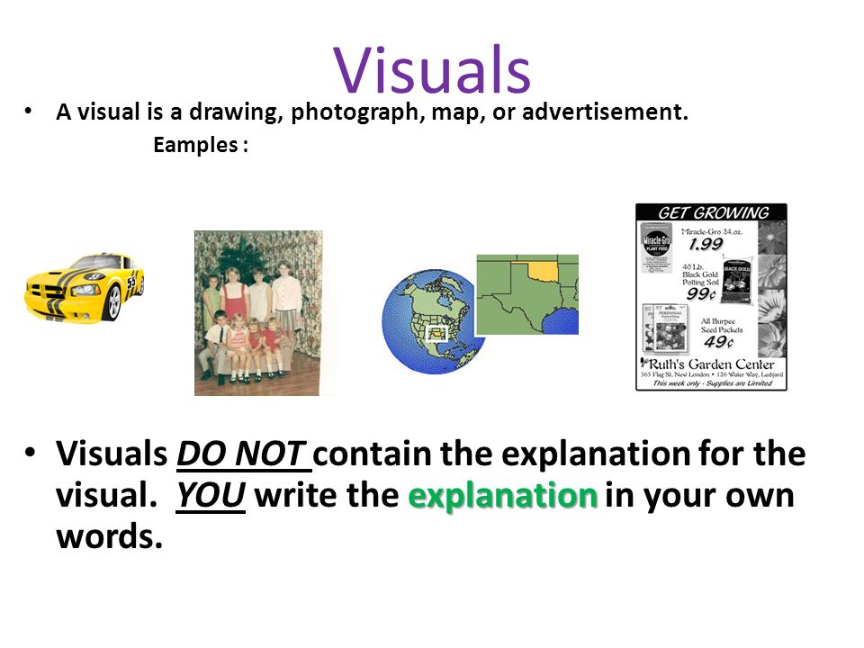 Visuals A visual is a drawing, photograph, map, or advertisement.