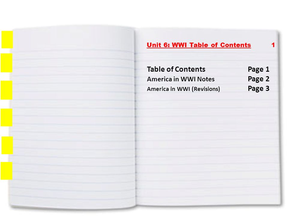 Unit 6: WWI Table of Contents 1 Table of ContentsPage 1 America in WWI Notes Page 2 America in WWI (Revisions) Page 3