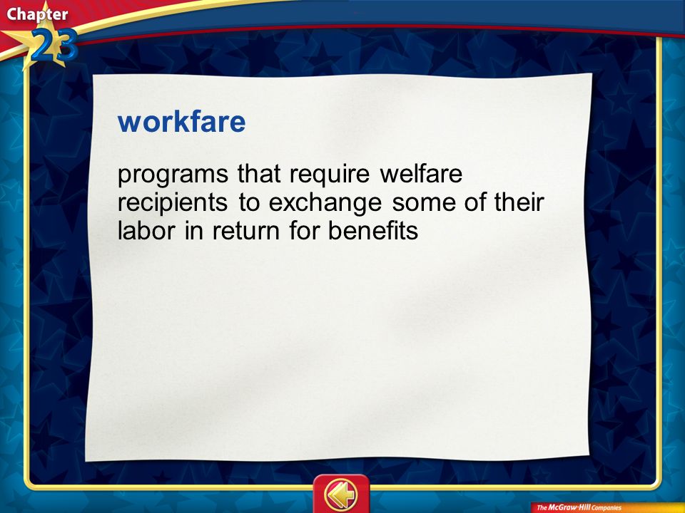Vocab23 workfare programs that require welfare recipients to exchange some of their labor in return for benefits