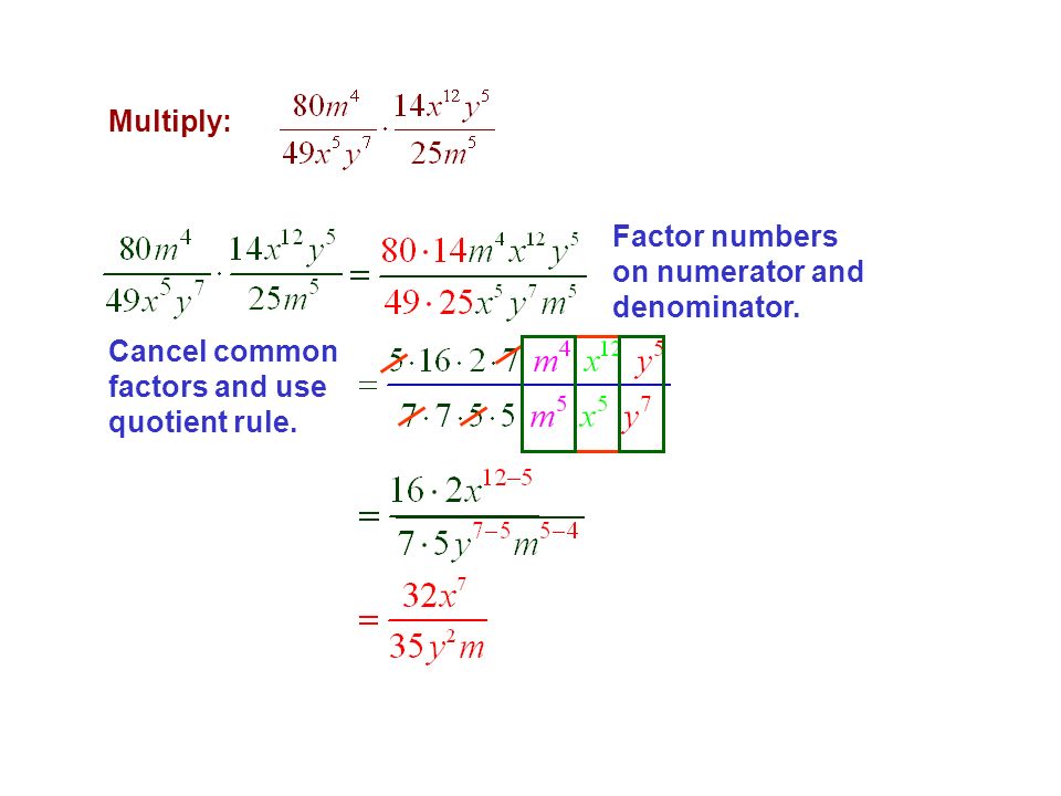 Multiply: Factor numbers on numerator and denominator. Cancel common factors and use quotient rule.