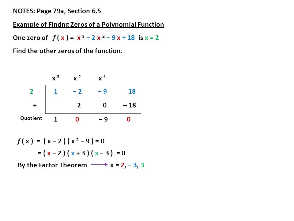 NOTES: Page 79a, Section 6.5 Example of Findng Zeros of a Polynomial Function One zero of f ( x ) = x 3 − 2 x 2 − 9 x + 18 is x = 2 Find the other zeros of the function.