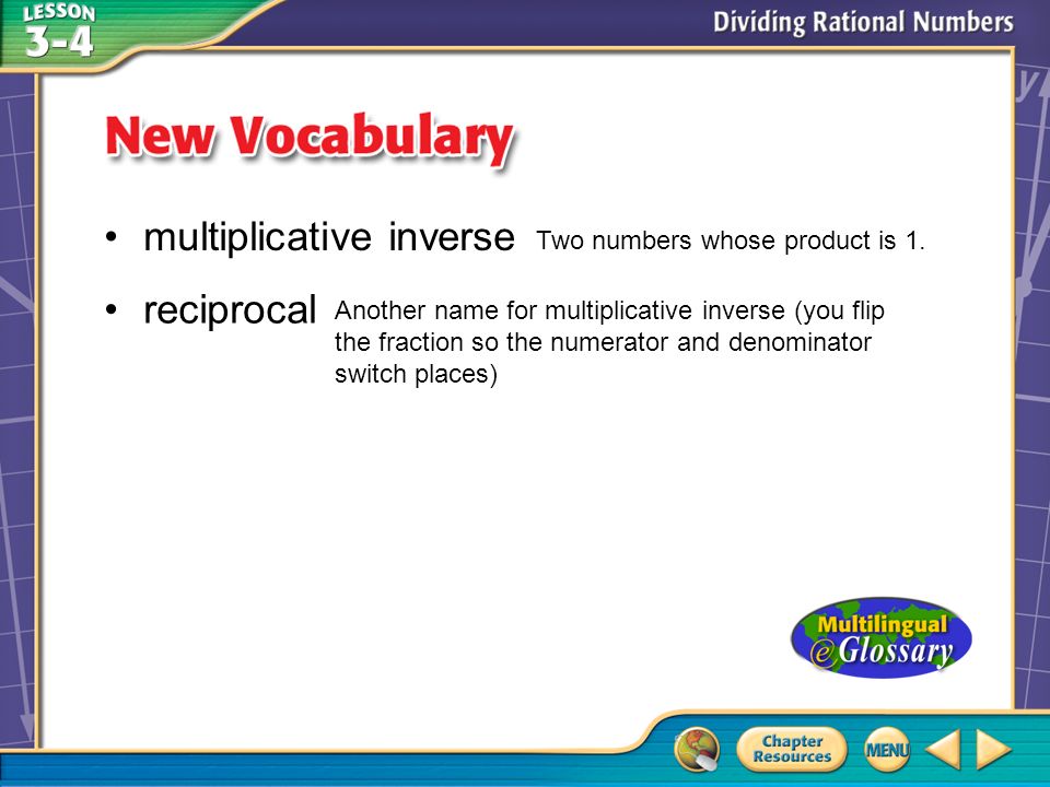 Vocabulary multiplicative inverse reciprocal Two numbers whose product is 1.